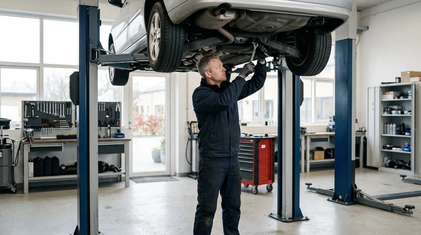 Erhvervslån til autoværksted Ryddeligt autoværksted med lift og værktøj